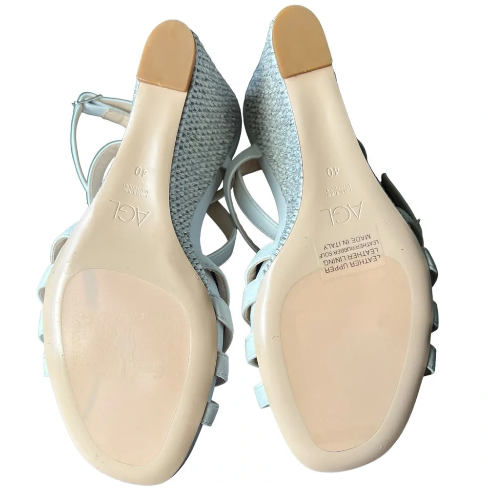 Agl Shoes Dora White Leather Ankle Strap Raffia Wedge Heel Sandals Women’s SZ 10